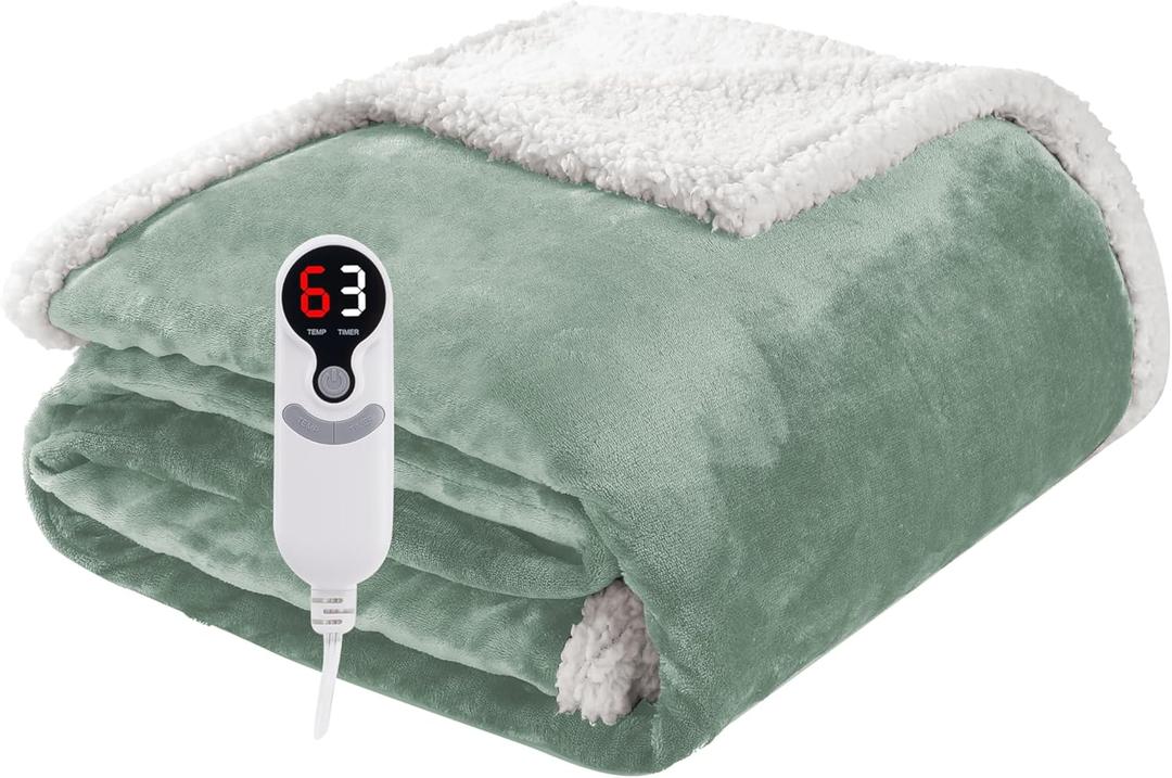 Electric Heated Blanket Throw Size 50"x60", Soft Flannel with Overheat Protection, 9 Adjustable Heat Settings & 10-Hour Auto-Off Timer, Fast Heating for Winter Comfort, Light Green