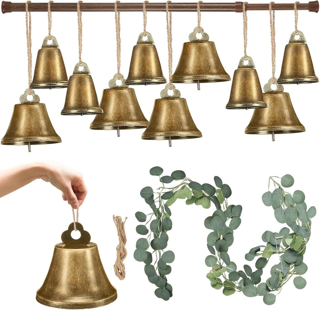 Knitgrip 10 Pcs Christmas Bell for Decoration Big Brass Bells 4 and 3 Rustic Cow Bells with Eucalyptus Garland LED Light Retractable Pole for DIY Window Fireplace Home Wall Decor