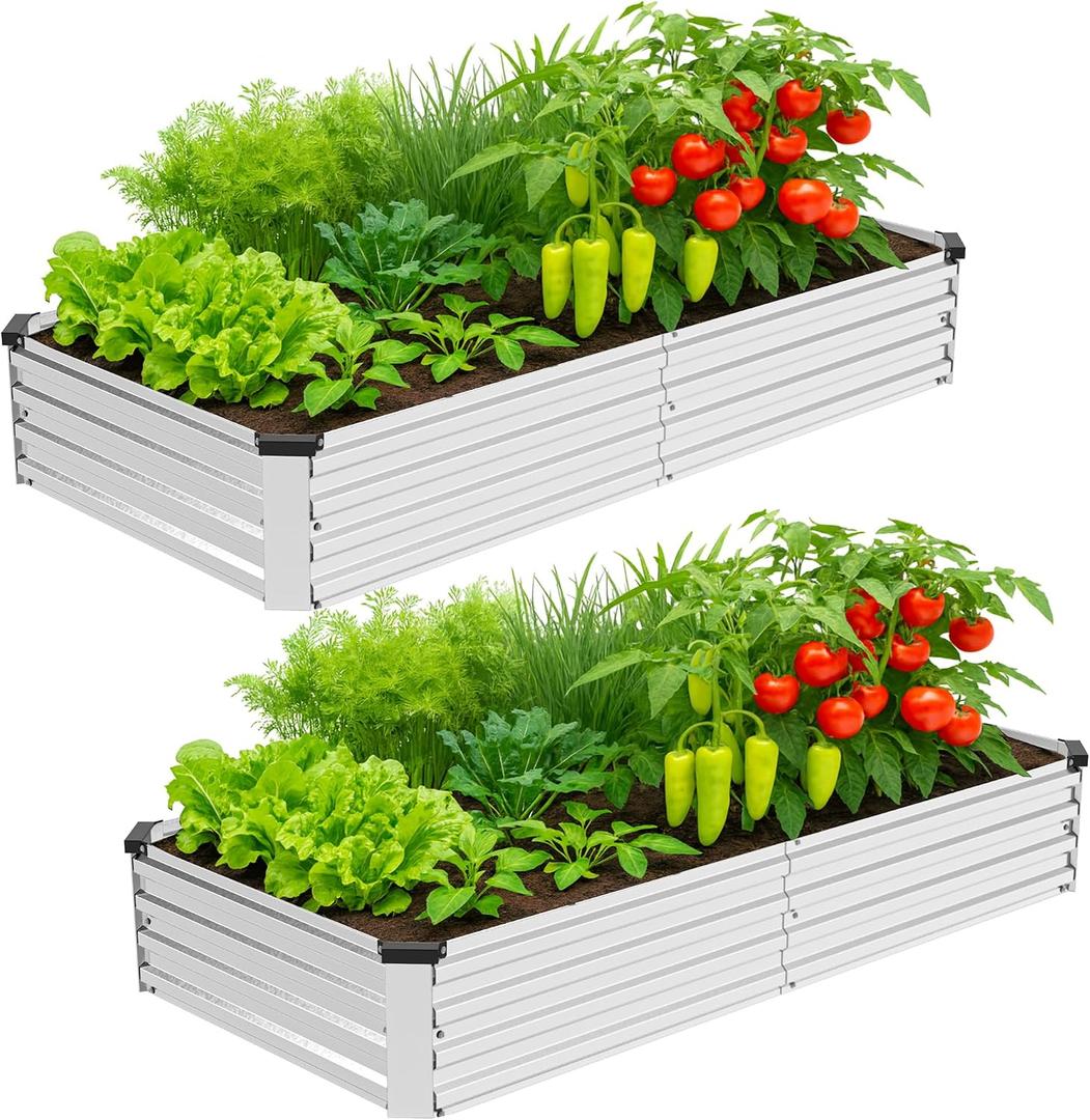 2 Pack 8x4x1FT Galvanized Metal Raised Garden Bed Kit for Vegetables, Herbs, Open-Bottom Large Capacity Outdoor Planter Box Gardening Stakes, Silver
