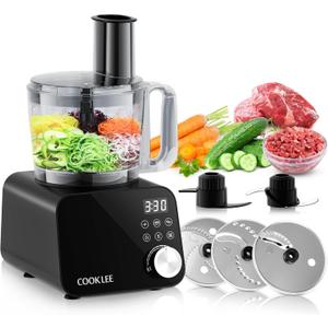 COOKLEE Food Processor, 600 Watts, 6 Functions Electric Vegetable Chopper for Chopping, Mincing, Dicing, Shredding, Slicing, Purees & Dough with 12-cup Processor Bowl, Food Chute & Pusher, Black