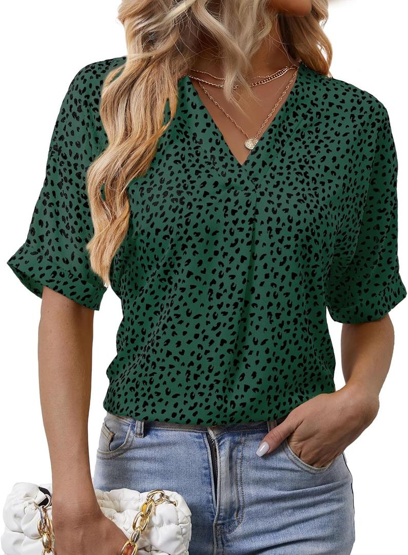 Short Sleeve Blouses for Women Leopard Print Summer Top Dressy Casual Business 3/4 Sleeve Cold Shoulder Chiffon Shirts (Green, XS)