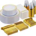 Goodluck 350 Pieces Gold Dinnerware Set for 50 Guests, Plastic Plates Disposable for Party, Include: 50 Gold Rim Dinner Plates, 50 Dessert Plates, 50 Paper Napkins, 50 Cups, 50 Gold Silverware Set