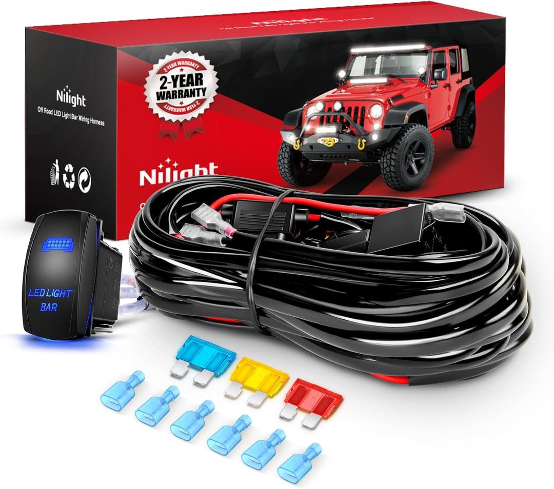 Nilight 14AWG LED Light Bar Wiring Harness Kit 12V On Off 5Pin Rocker Switch Laser Waterproof Toggle Switches Power Relay Blade Fuse for Work Lights Cars Boat ATV Trucks-3 Leads, Bule