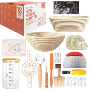 18-Piece Sourdough Starter Kit Banneton Bread Proofing Basket Set with Round & Oval Sourdough Basket, Sourdough Bread Baking Supplies, Proofing Basket, Bread Basket, Whisk, Lame, Jar & Liners