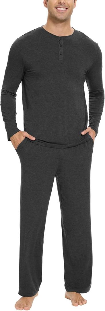 GYS Bamboo Viscose Men's Pajama Sets Long Sleeve Henley Neck Casual Sleep Set with Pockets (Black, XXL)