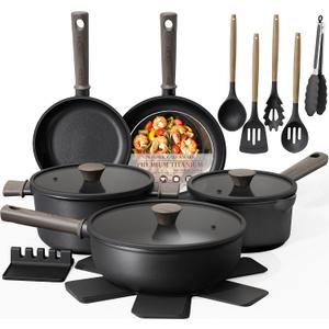 Astercook 19 Pcs Pots and Pans Set Non Stick, Black Titanium Induction Kitchen Cookware Sets, Non toxic Healthy Kitchen Cooking Set with Frying Pans Set, PFAS PTFE PFOA PFOS Free, Mothers Day Gifts