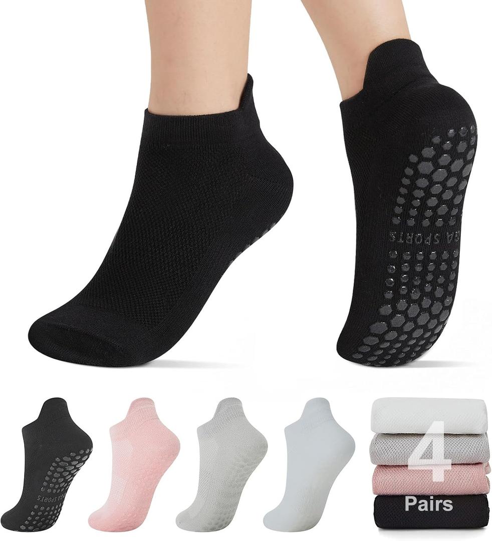 Pilates Socks with Grips for Women 4 or 6 Pairs Non-Slip Yoga Socks for Dance and Workout Athletic Fitness Socks (Black,gray,white,pink)
