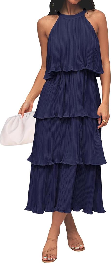 ZESICA Women's 2025 Summer Sleeveless Halter Neck Ruffle Tiered Layed Chiffon Flowy Swing Long Midi Dress (Navy, Small)
