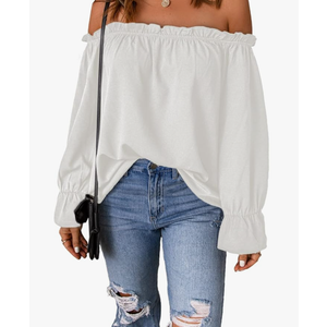 Women's Off Shoulder Top Ruffle Long Sleeve Chiffon Blouse Casual Loose Shirts, Size S