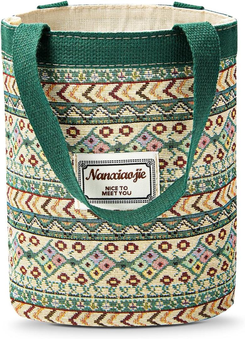2 x Women Tote Bag,Small Jute Casual Tote's Handbag Embroidered Personalized Bucket Bag,Reusable Grocery Shopping Bags (Green)