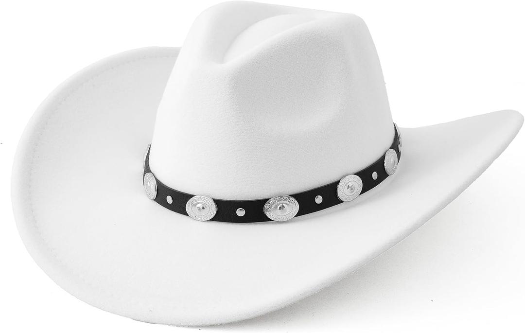 Lanzom Women Men Felt Wide Brim Western Cowboy Hats Belt Buckle Panama Hat (Large-X-Large, White)