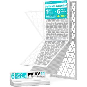 14x30x1 Refillable Air Filter Kit, MERV 11, 1 Reusable Foldable Frame  6 Refills, Fits Most AC HVAC Furnace Devices, Actual Size 13.75x29.75x0.75in