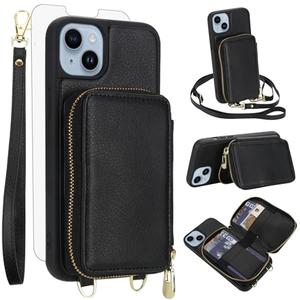 Phone Case for iPhone 13/14 6.1 inch Wallet Cell Cover with Tempered Glass Screen Protector Crossbody Strap Lanyard RFID Blocking Credit Card Holder iPhone13 iPhone14 5G i i-Phone i13 i14 Women Black
