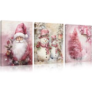 DSHFG Vintage Pink Christmas Canvas Wall Art Set of 3, Christmas Pink Housewarming Gifts for Women, Christmas Wall Decor for Home Kitchen Bedroom Living Room, 11x14 Framed