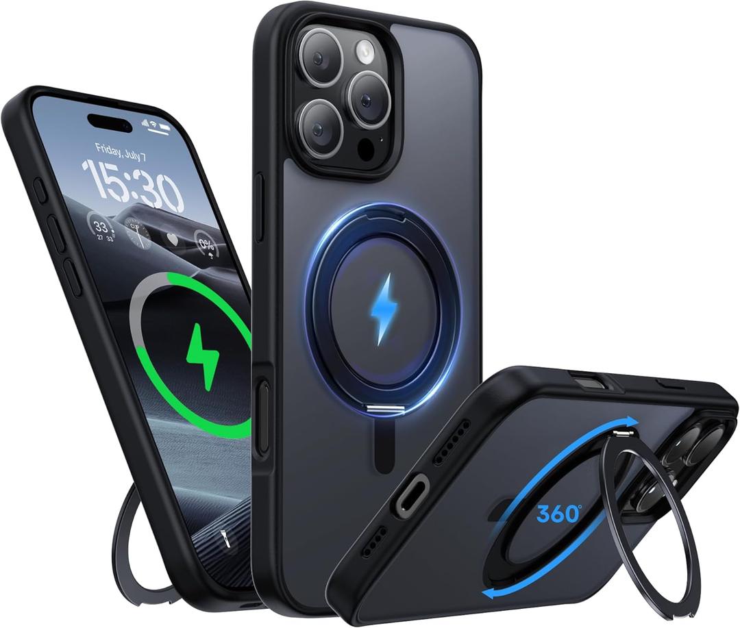 for iPhone 16 Pro Max Case 6.9-Inch with Magnetic 360 Ring Stand Compatible with MagSafe Frosted Matte Shockproof Protective Phone Cover 6.9" 2024, Black