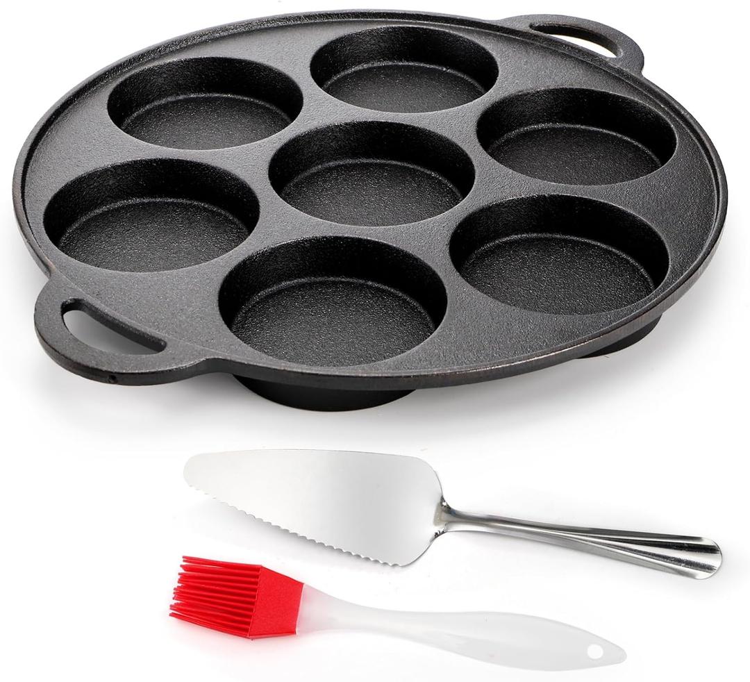 Hiceeden Pre Seasoned Cast Iron Muffin Pan, 7 Impressions Biscuit Pan with Handle, Pancake Mini Cake Pan with Spreader and Shovel for Baking Dessert, Cupcake
