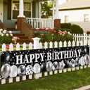 Black and White Happy Birthday Banner with Sparkly Balloons & Stars Pattern, 70.8x13 Inch Glitter Party Decor, Reusable Polyester Fabric Sign with Grommets for Indoor Outdoor Wall Door Decorations