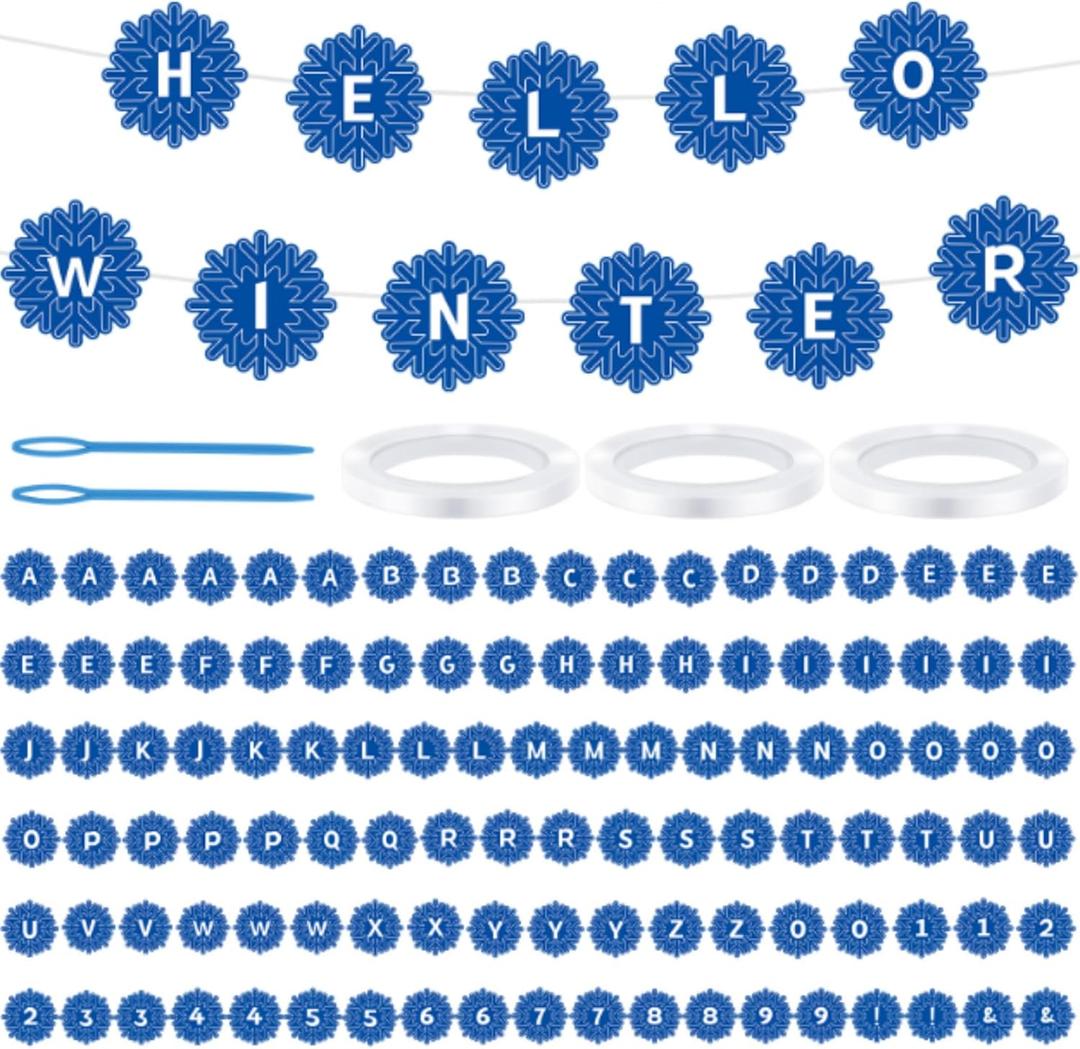 Kosiz 116 Pcs DIY Letter Custom Banner Customizable Banner Kit Winter Snowflake Letter Garland Including 111 Letters Numbers 3 Rope 2 Threading Device for Winter Holiday Xmas Home Classroom Decor (Blue)