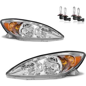 Headlights Assembly for 2002-2004 Toyota Camry Headlamp Replacement Chrome Housing Amber Reflector Driver & Passenger Side (Chrome | With High & Low Beam Bulbs)
