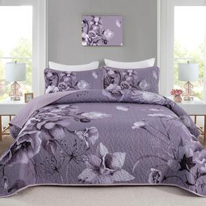 Floral Quilt Set King Size Bedding Set 3 Pieces Dark Purple Boho Floral Quilt Bedspread Soft Microfiber Lightweight Flower Coverlet Set with 2 Pillow Shams for All Season 90"x104"