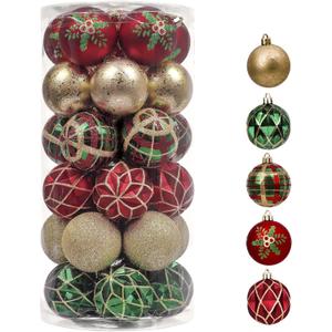 Valery Madelyn Christmas Ornaments Set, 30ct 2 Inches Red Green and Gold Shatterproof Christmas Tree Decorations Ball Ornaments Bulk, Traditional Country Hanging Decor for Xmas Holiday Party (Medium)