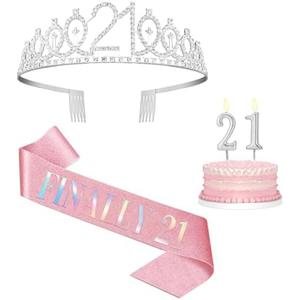 21st Birthday Decorations for Her with Pink 21st Birthday Sash and 21 Crown Silver, Candles Silver, Gifts for 21 Year Old Girls