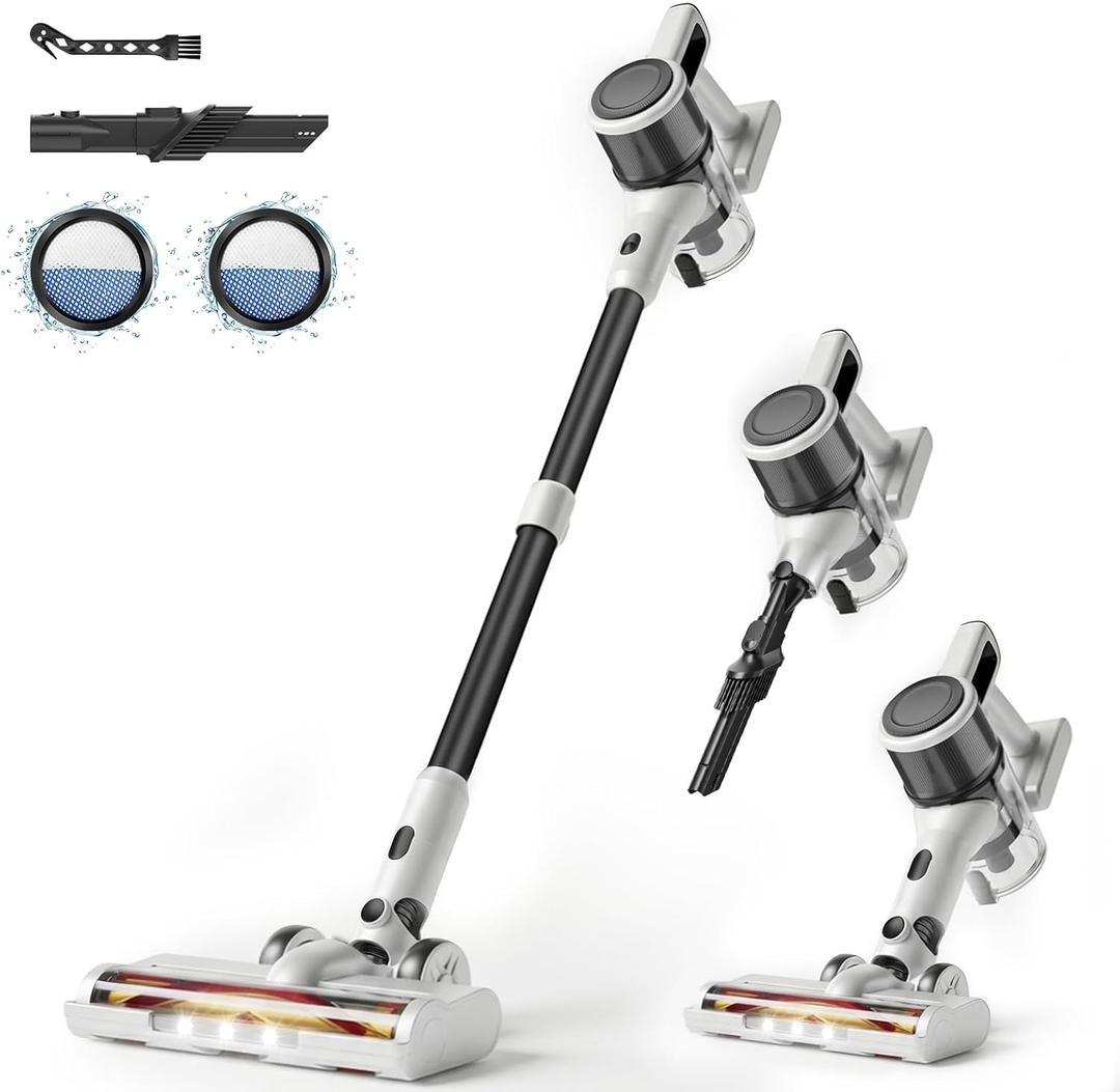 Cordless Vacuum Cleaner for Home - Lightweight, Stick Vacuum Clean with Rechargeable Battery, Max 45Mins Runtime, 8 in 1 Handheld Vacuum for Hard floor & Carpets Pet Hair, White & Yellow