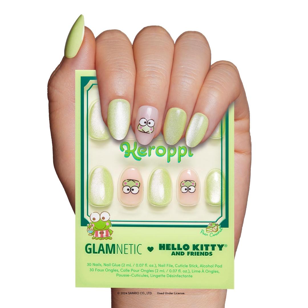 Glamnetic x Hello Kitty and Friends Press On Nails - Keroppi | Short Oval Pastel Green Graphic Fake Nails in a Velvet Finish | 15 Sizes - 30 Nail Kit with Glue