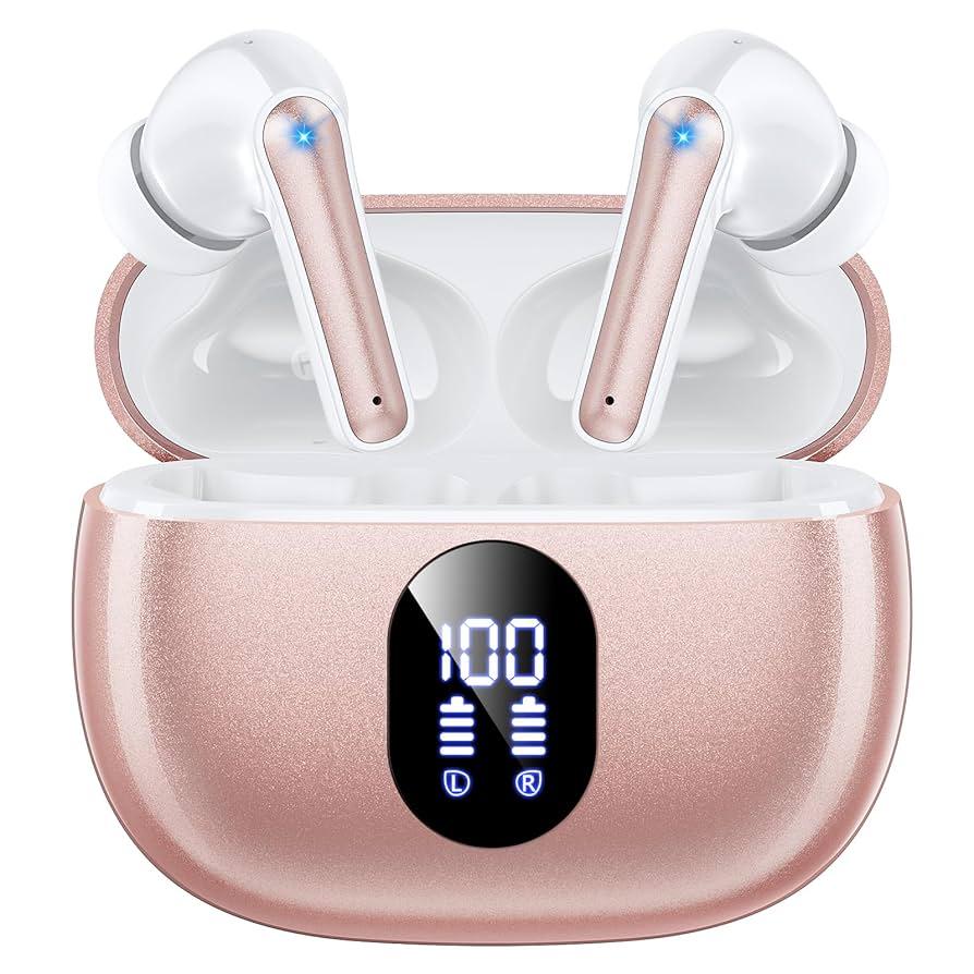 Wireless Earbuds, Bluetooth Ear Buds with Big Bass Stereo Sound, 48 Hours Playtime, Lightweight in-Ear Fit Earphones, IPX7, Hands-Free Calls with AI for iPhone, Android, Pad, Sports, Workout, Pink