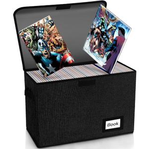 Comic Book Storage Box 15.8" X 7.8" X 11.8", Collapsible Holds 160-180 Comic Book Organizer Heavy Duty Bin Container Holder Shelf (Black) (1pcs)