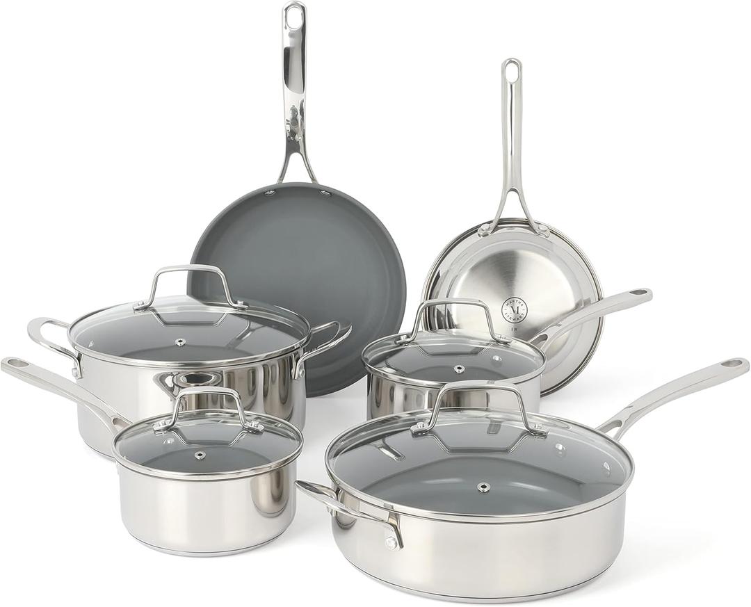 Martha Stewart Delaroux 10 Piece Stainless Steel Pots and Pans Kitchen Cookware Set w/PFAs Free Premium Nonstick Ceramic Interior