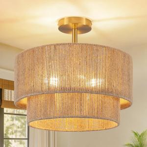 3-Light Boho Light Fixtures Ceiling Mount, 15.4" Rattan Semi Flush Ceiling Light with 2-Tier Shade, Rustic Hemp Rope Drum Light for Hallway Kitchen Entryway Farmhouse Bedroom