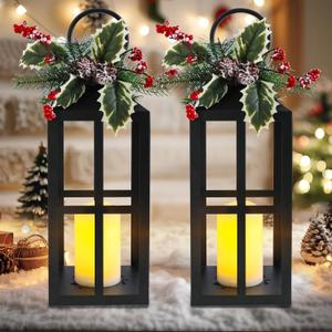 Christmas Lanterns Decorative Indoor Outdoor, 2 Pack Black Christmas Lantern, 18 Inch Timer Decorative Candle Lanterns Flameless Light with Pine Cones and Needles for Home, Party, Farmhouse Decor (Cross)