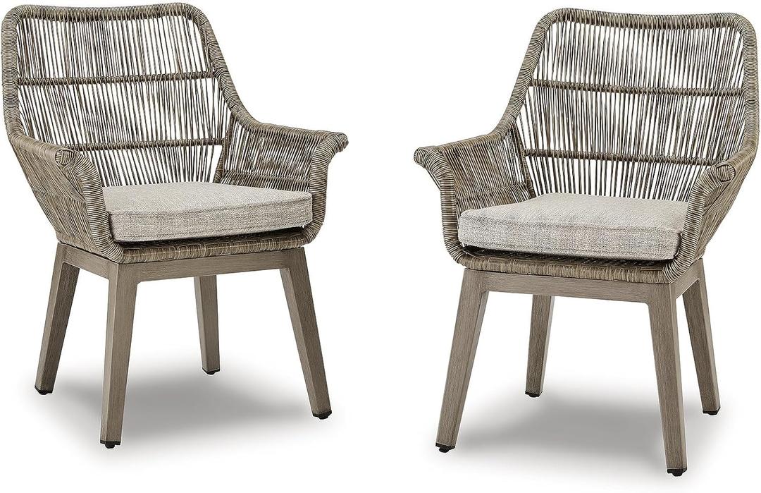 Signature Design by Ashley Beach Front Casual Outdoor Arm Chair with All-Weather Cushion, Set of 2, Resin Wicker with Aluminum Frame, 18.5" Seat Height, Beige