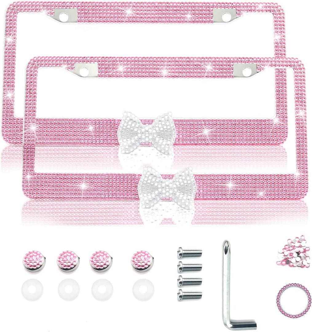 2 Pack Bling Rhinestone License Plate Frames for Women, Cute Diamond Car License Frame with Bow(Pink)