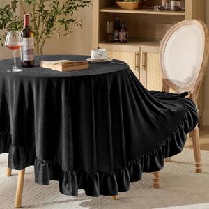 KKJIAF Black Velvet Round Tablecloth 70 inch, Retro Farmhouse Ruffle Round Table Cloth Washable Table Cover for Wedding Buffet Parties Baby Shower Kitchen Decoration