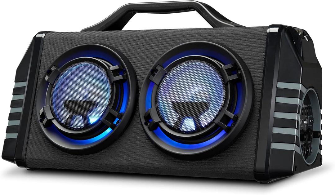 iLive Electronics IBB503GEO Portable Bluetooth Boombox with FM Radio and 2 Microphone Inputs, Color Changing LED Lights, Carry Strap, Black with Geometric Pattern