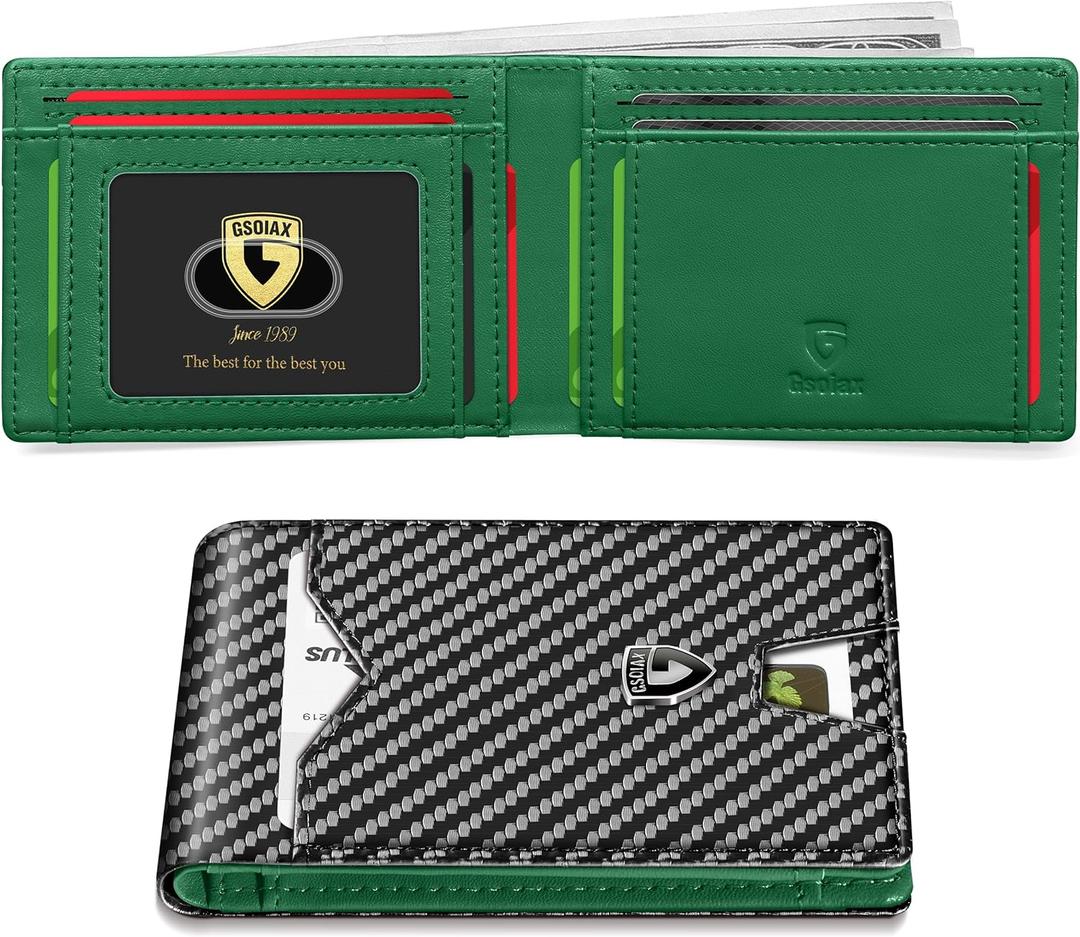 GSOIAX Mens Slim Wallet for Men Minimalist Genuine Leather Carbon Fiber Rfid Blocking Bifold Credit Card Holder With Gift Box (Green and Carbon Black)