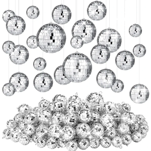 Funtery 100 Pcs Mirror Disco Balls Bulk Assorted Silver Hanging Disco Ball Decor for Home Wedding Birthday Dance Music 70 S Theme Party Christmas Tree Ornaments(1.2'', 2'', 3.2'', 4'')