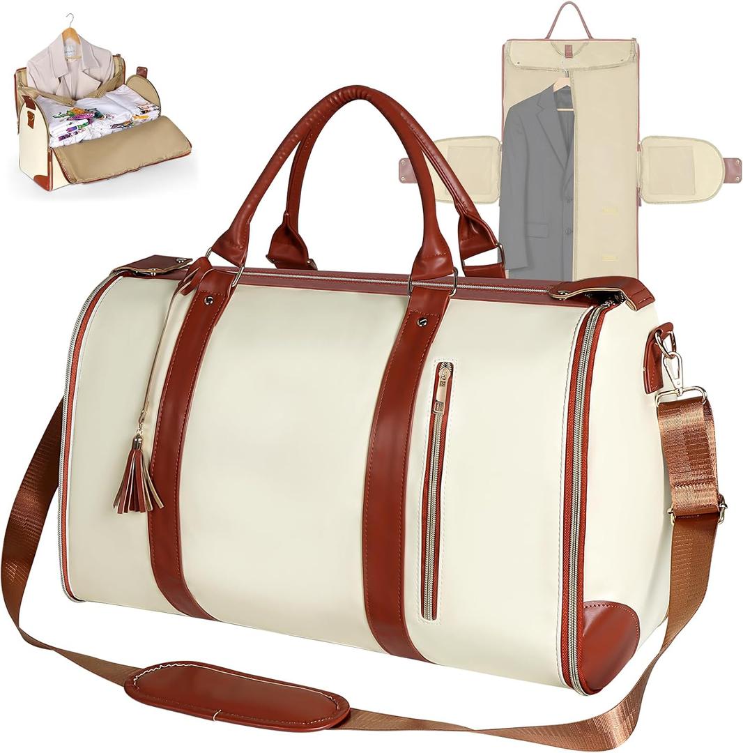 Geestock Garment Bag for Travel, Convertible Carry On Garment Duffle Bags for Women with Shoe Pouch & Detachable Shoulder Strap, Large PU Leather, 2 in 1 Hanging Suitcase Dress Suit Travel Bag, Beige