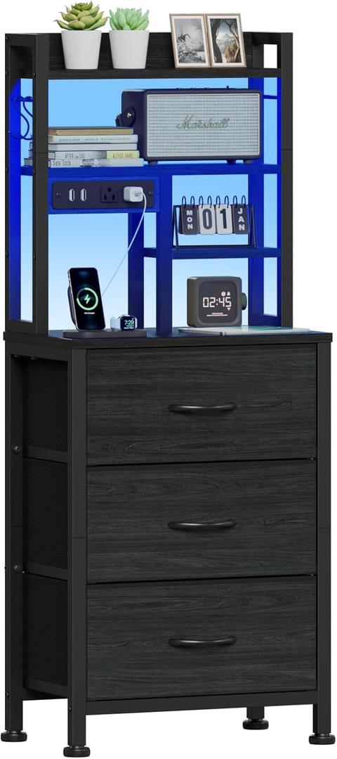 Furnulem Tall Night Stand with 3 Fabric Drawers and LED Lights, Nightstand with Bookshelf, 45.3inch Tall Bedside Tables with USB Ports in Bedroom, Dorm, Office,Metal Frame, Wood Shelves (Black Oak)