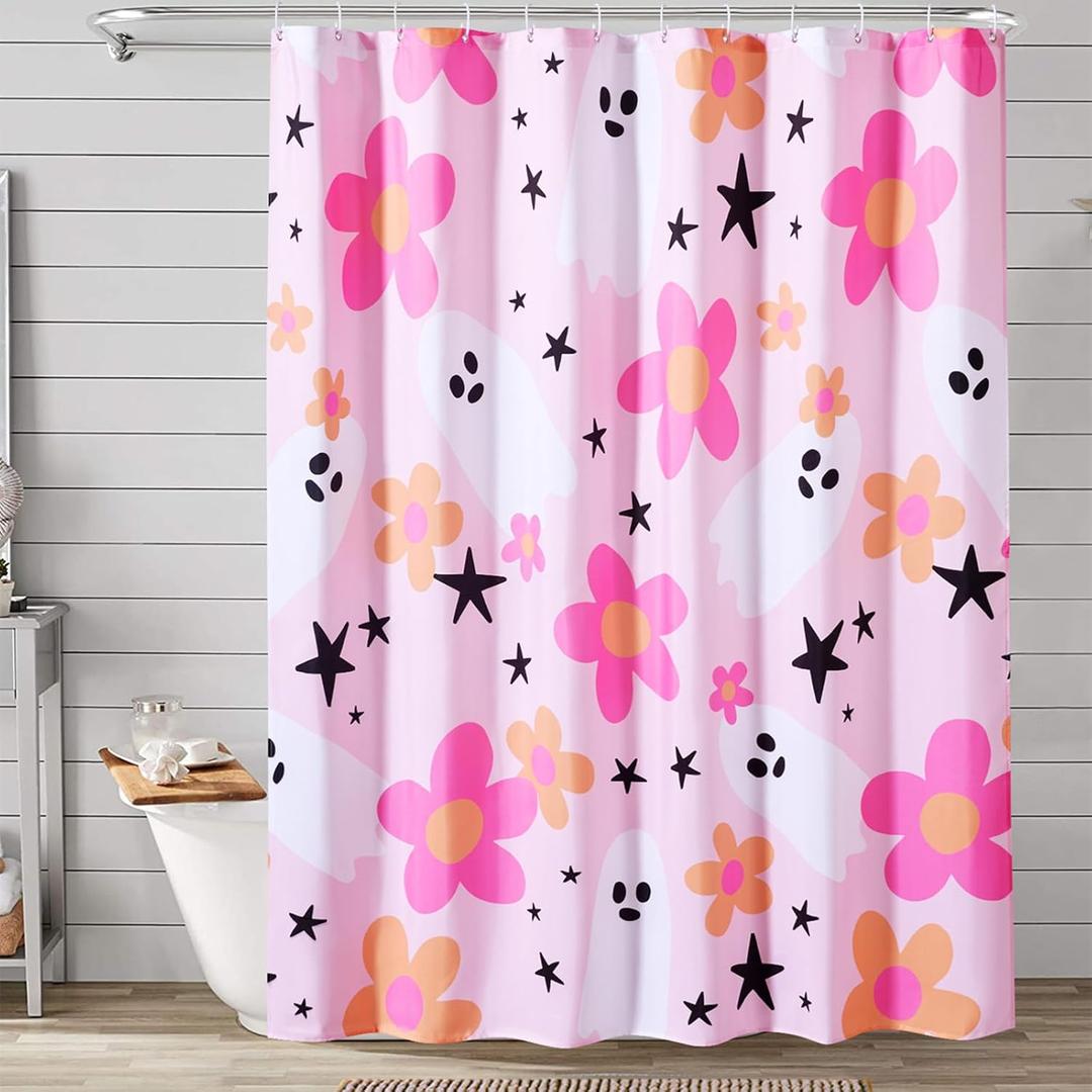2 x Cute Pink Halloween Shower Curtain for Bathroom Aesthetic Halloween Decorations, Funky Groovy Floral Ghost Spirit Shower Curtain Set, Modern Y2K Gothic Spooky Preppy Bath Curtain (72"W x 72"L (Pack of 1))