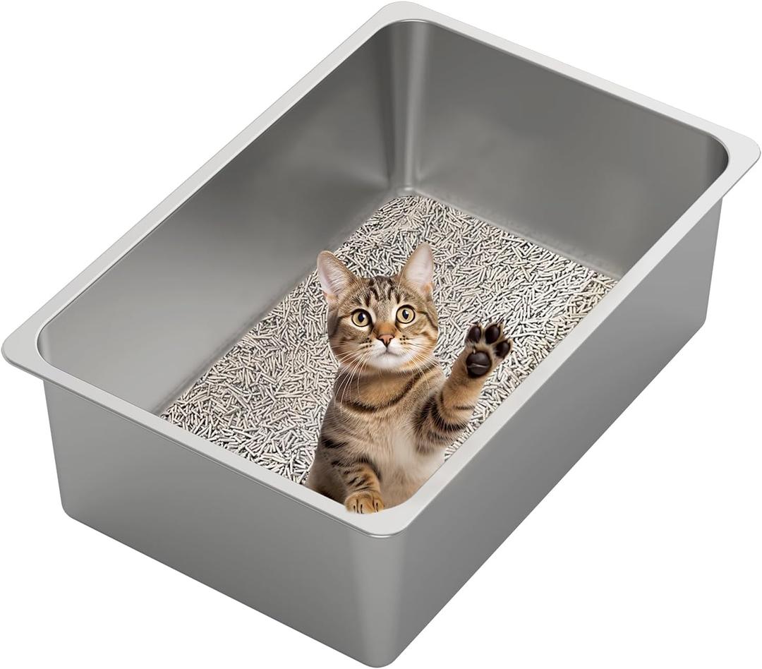 Kirecoo Stainless Steel Cat Litter Box XXL- Metal High Sided Cat Pan, Large Stainless Steel Box, Indoor Litter Tray, Non Stick, No Smell, Easy to Clean, Pet Toilet Supplies for Kitten, Kitty, Rabbit (23.43" L x 15.55" W x 7.68" H)