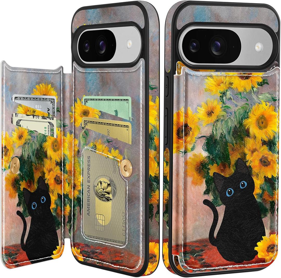 Shorogyt for Google Pixel 9/for Pixel 9 Pro Wallet Case with Card Holder - Sunflower Cat Design Kickstand for Magnetic Clasp Back Flip Folio Leather Phone Cases for Pixel 9/9 Pro Case for Women Girls