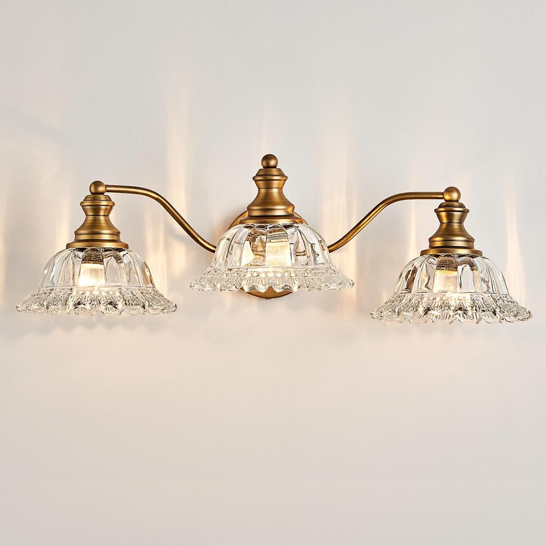 Vintage Vanity Light Fixture, 3-Light Bathroom Lighting with Matte Antique Brass Finish and Crystal Glass Shade