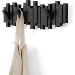  Umbra Sticks Wall-Mounted Coat Rack Rail Hook with 5 Retractable Pegs – Modern, Space-Saving Storage Organizer, Black