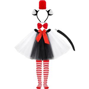 SOMSOC Tulle Tutu Skirt Girls Costume Set Child Headband Bowtie Striped Tights Cat Costume for Halloween Party Cosplay (4-6X)