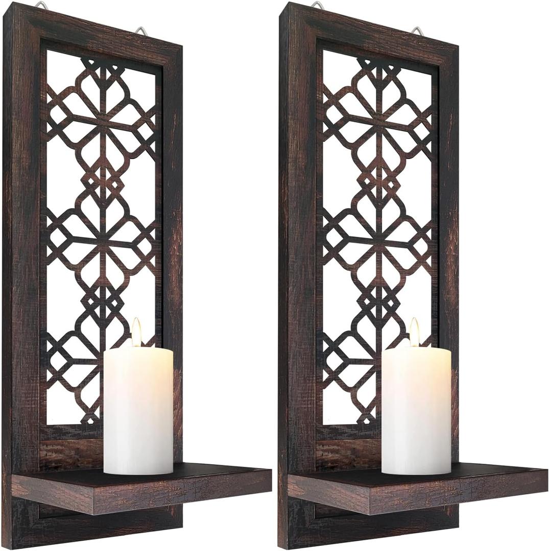 Set of 2 Candle Sconces, Farmhouse Accent Wall Sconce, Caramel Color Candle Holder Wall Decorations for Home Dcor, Living Room, Dining Room.(15 x6 in)