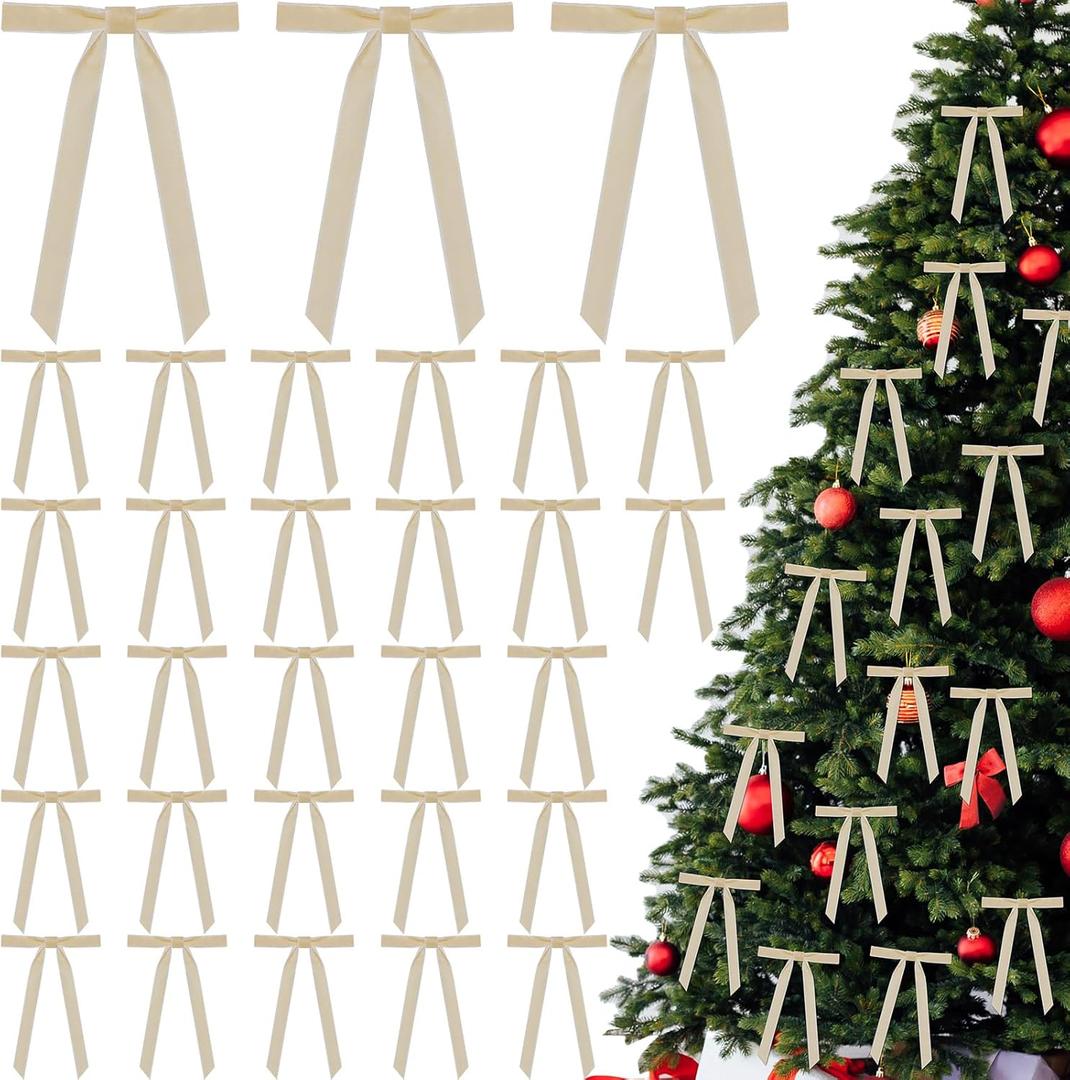 30 Pcs Christmas Velvet Wreath Bow, 5 x 7 Inch Vintage Velvet Ribbon Bows Rustic Crafts Gift Bows for Indoor Outdoor Wreaths Garland Holiday Xmas Tree Wrapping Crafts (Beige, Width of 5/8")
