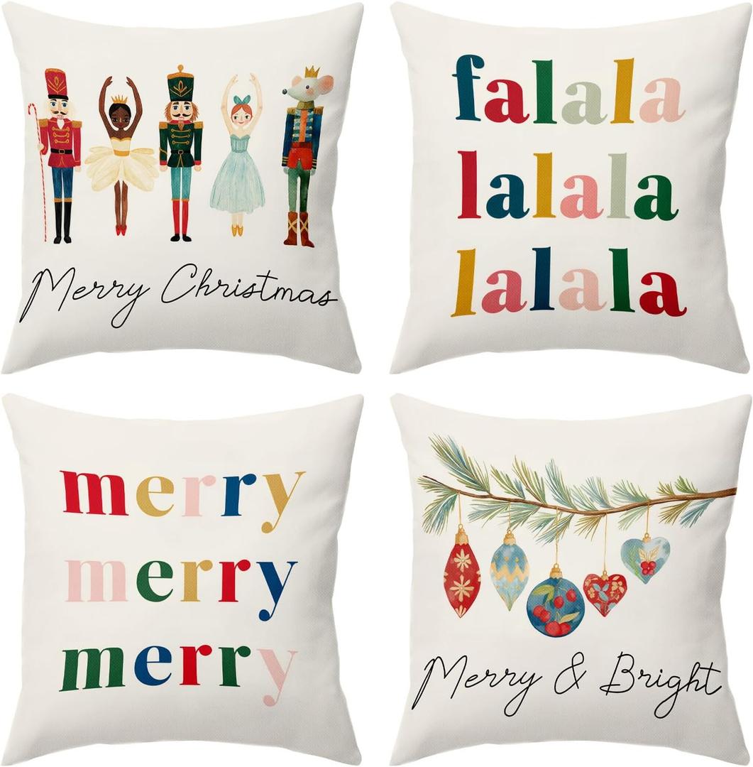 BBOLDIN Christmas Throw Pillow Covers 18x18, Colorful Nutcraker Pine Tree Pillow Cases Set of 4, Winter Holiday Cushion Covers Decorations for Indoor Sofa Living Room